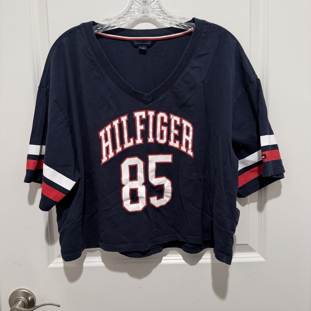 Large Navy Tommy Hilfiger "85" cropped football jersey